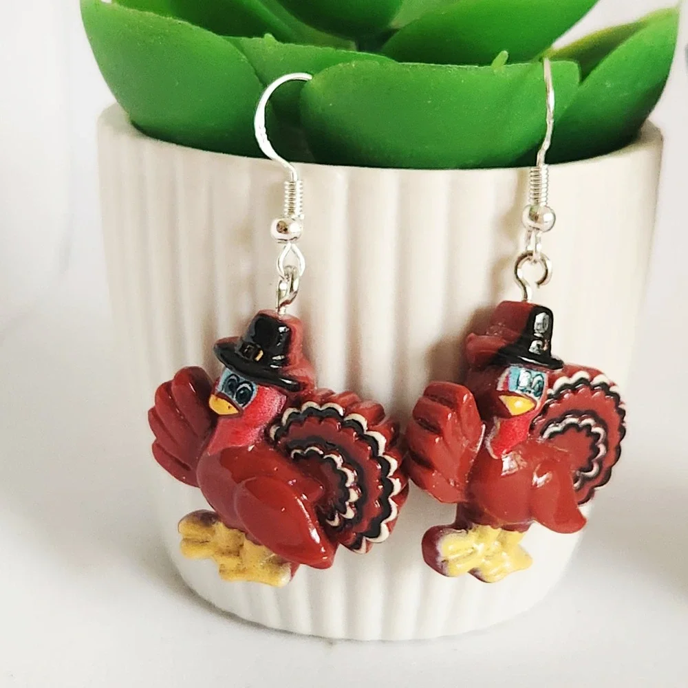 Thanksgiving Turkey Pilgrim Hat Drop Earrings‎ Red Holiday Seasonal Jewelry